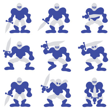 Blue Armored Knight Warrior Sprite Sheet for Fantasy Game Design Set