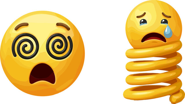 Creative 3D Emoji Character Set Featuring Dizzy Spiral Eyes Face and Sad Crying Face on Spring Coil for Mental Health Awareness Stress Management and Emotional Expression Designs