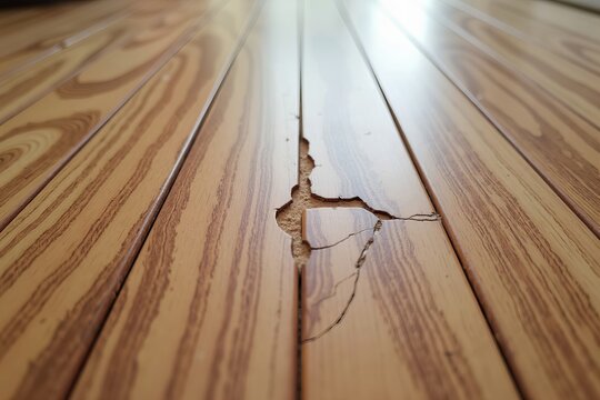 Detailed Close-Up of Scratched Laminate Floor Showing Worn and Distressed Wood Pattern with Visible Damage