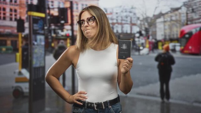 Young woman holds passport in right hand with hand on hip and lips pressed, wearing white tank top and glasses, street with red bus backdrop; travel frustration.