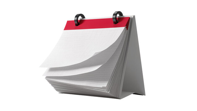 Blank desk calendar with red top and metal rings, isolated on transparent background