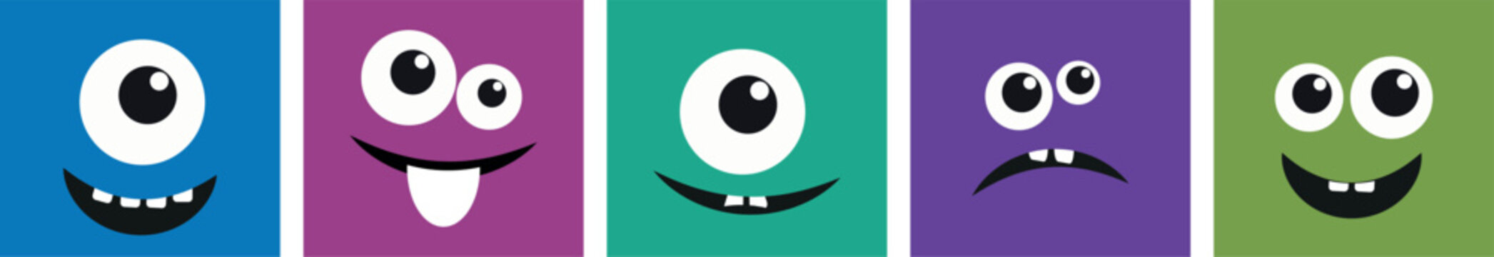 A set of five colorful stylized cartoon monster faces arranged in a horizontal row. Each monster features a unique expression vibrant block-color backgrounds and a clean modern vector design.