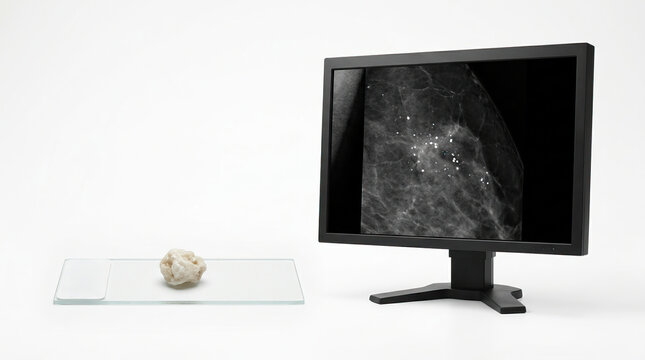 Calcified deposit biopsy on glass slide with mammogram scan showing breast calcifications on medical monitor, diagnostic imaging for breast health screening and analysis