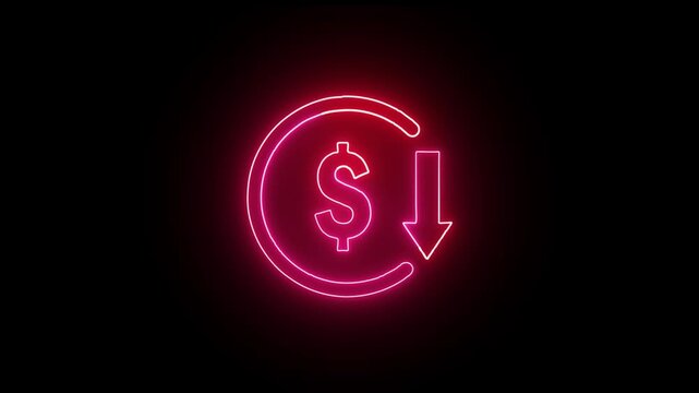 Abstract neon glowing decrease icon on black background. Dollar rate up to down looped icon. Reduce costs sign and symbol