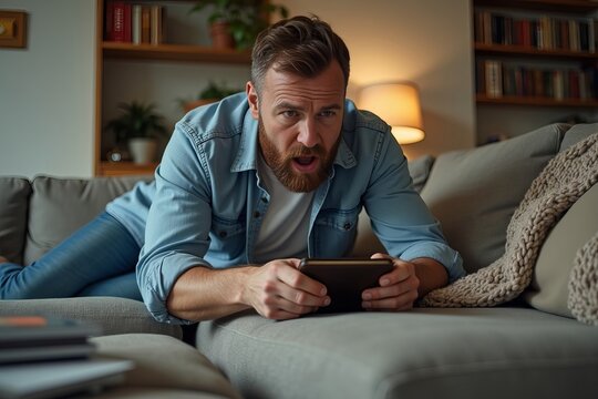 Frantic man desperately rummaging through messy couch cushions for lost wallet