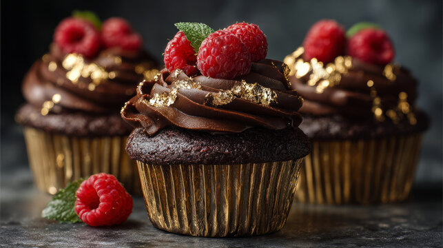 Decadent chocolate cupcakes with raspberries bakery food photography elegant setting close-up culinary delight