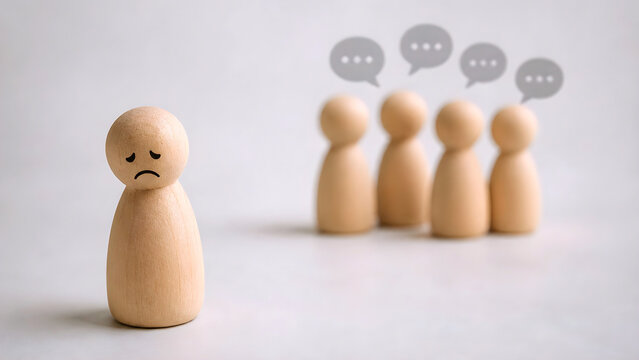 "An isolated wooden figure conveys the concept of loneliness, exclusion, and the impact of bullying or discrimination on mental health in school, work, and society."