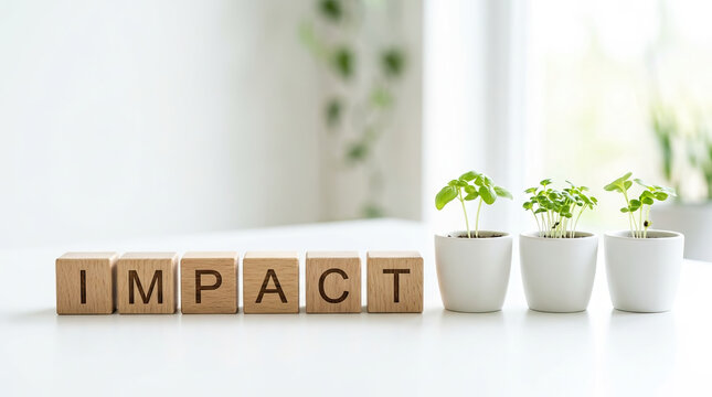 Impact word spelled with wooden cubes next to three white pots with green plants growing, symbolizing growth and positive change in bright room