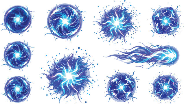 A premium set of high quality blue energy effects featuring magical electrical spheres glowing plasma portals and cosmic lightning bursts isolated on a white background for game design.