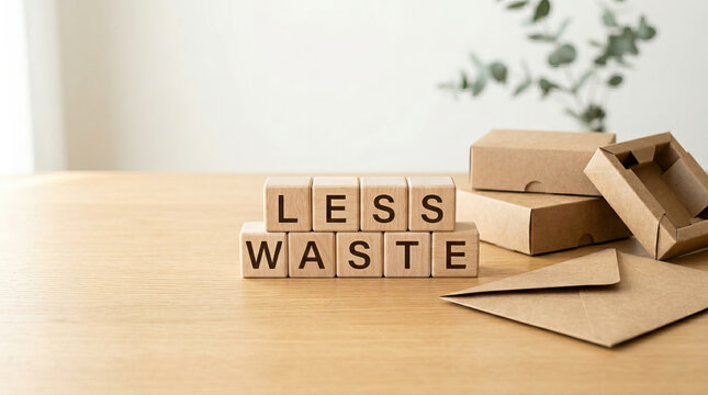 Less waste spelled with wooden cubes on wooden table with eco friendly cardboard packaging and green plant in background, symbolizing sustainability and environmental care