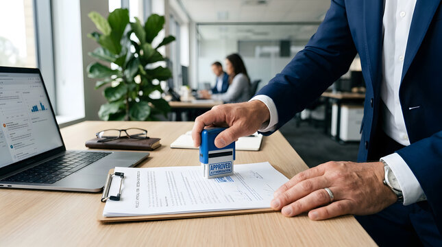 Sealing the Deal: A close-up shot captures the decisive moment as a professional presses a stamp onto a contract, symbolizing the finalization of an agreement within a contemporary office setting.