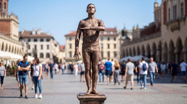 Living mannequin statue posed in a busy square on a sunny day  