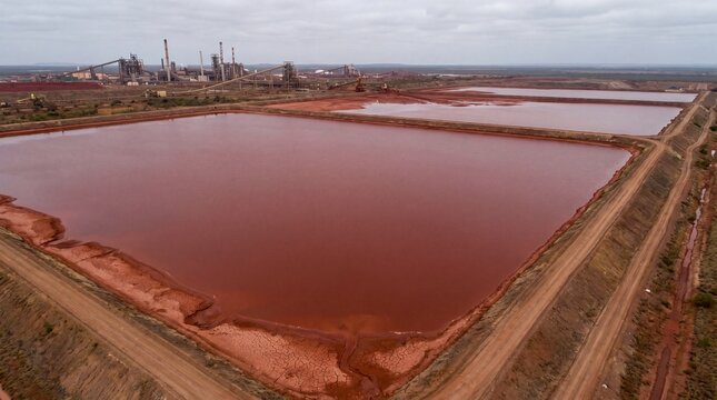 Red mud lake in bauxite tailings storage area with industrial background  