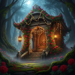 Obraz premium Enchanted Forest Fairy House with Glowing Lights and Roses.