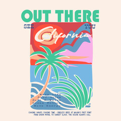 Fototapeta premium Hand Made beach illustration Graphics. tropical Summer Vector Print Design. Sunset Time in Beach. California Graphic artwork. women's tee shirt Design. hand drawing palm tree art. 