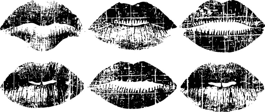 Set of six black distressed lip prints in various shapes and openings on white background