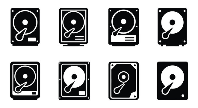 Hard drive icons set black and white vector illustration