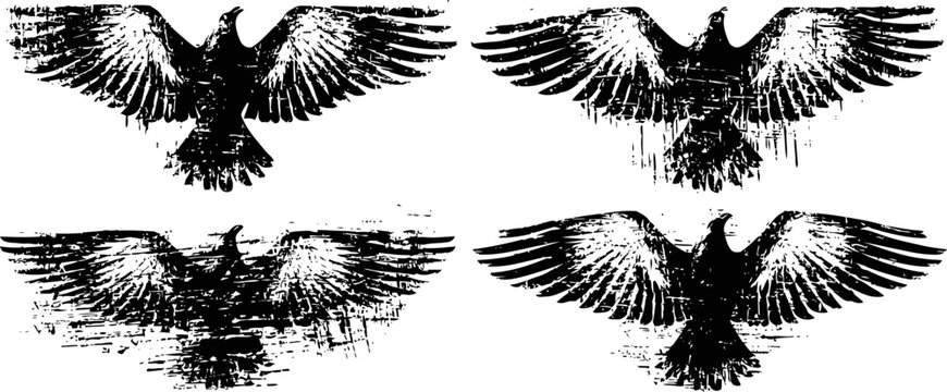 black grunge crows in various flying poses rough textured wings spread out halloween spooky design elements