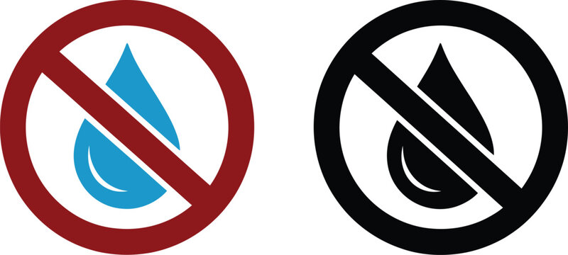 Water restriction symbol no water access or usage sign vector illustration for prohibited water areas safety and conservation signage, red prohibition circle with water drop icon, clean flat warning 