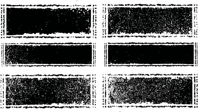 Set of six black grunge rectangular texture backgrounds with distressed rough edges and scattered noise