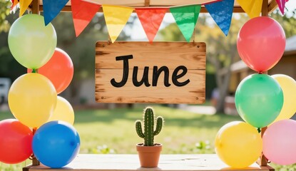 June celebration with balloons and cactus plant potted plant balloons