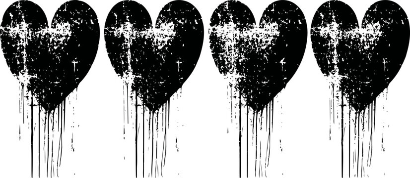 grunge black hearts with dripping paint effect distressed textured romantic symbols in a row