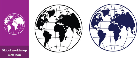 Global world map outline black and white detailed landmass shapes continent geography planet earth silhouette © sariful
