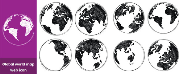 Global world map outline black and white detailed landmass shapes continent geography planet earth silhouette © sariful