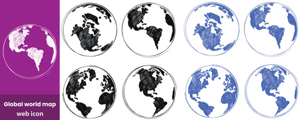 Global world map outline black and white detailed landmass shapes continent geography planet earth silhouette © sariful