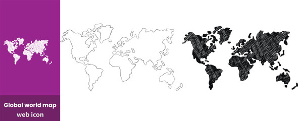 Global world map outline black and white detailed landmass shapes continent geography planet earth silhouette © sariful