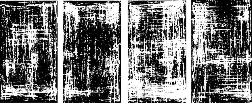 Grunge vertical distressed texture set black and white rough paint stroke overlays, abstract weathered backgrounds