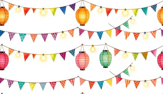 Colorful party bunting flags and lanterns string lights with party flag