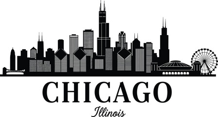 Fototapeta premium Chicago Illinois skyline black silhouette vector illustration featuring famous skyscrapers and navy pier ferris wheel isolated on a white background.
