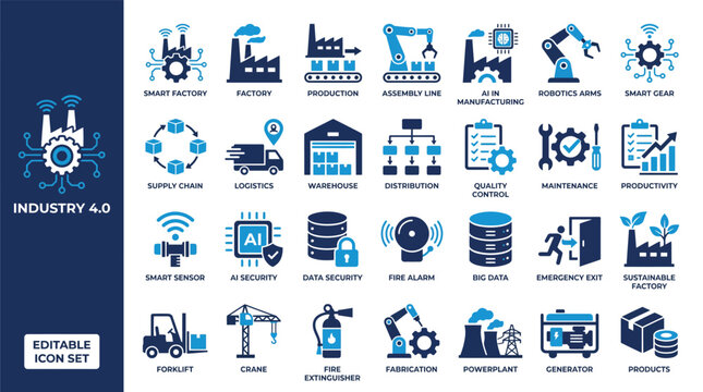 Industry 4.0 Icon Set featuring smart factory, robotics, logistics, supply chain, and AI automation symbols. Designed for modern industrial applications. Fully editable vector icons