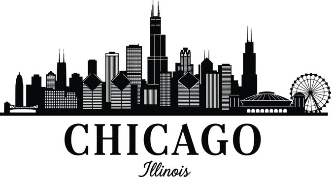 Chicago Illinois skyline black silhouette vector illustration featuring famous skyscrapers and navy pier ferris wheel isolated on a white background.