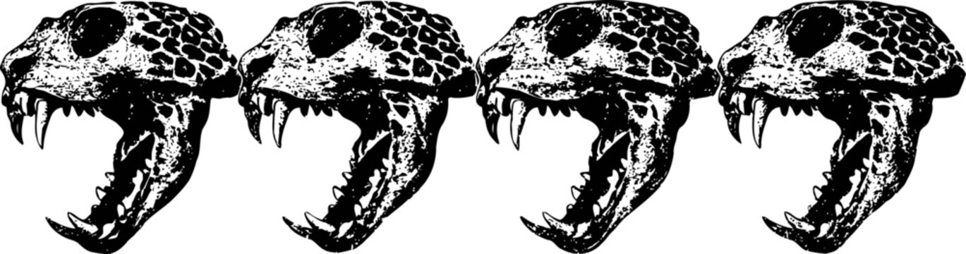 illustration of repeated prehistoric saber toothed tiger skulls with open jaws and sharp teeth