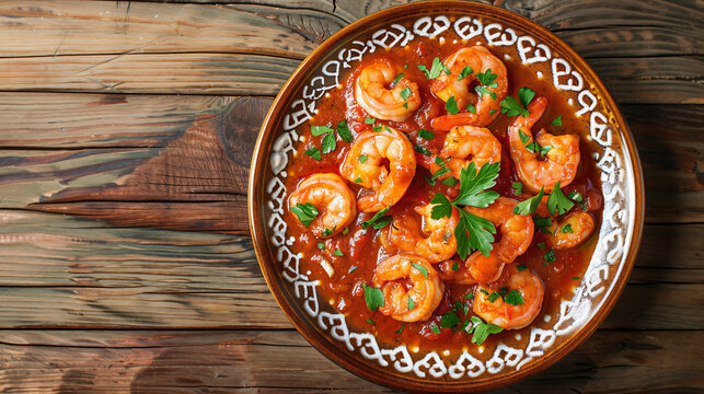 Overhead view of plump shrimp in a rich tomato sauce with fresh parsley in a rustic white ceramic bowl set on a warm wooden table &mdash; a classic Mediterranean seafood dish.