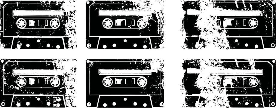 grunge cassette tape illustrations with distressed textures, retro music design elements, vintage artwork