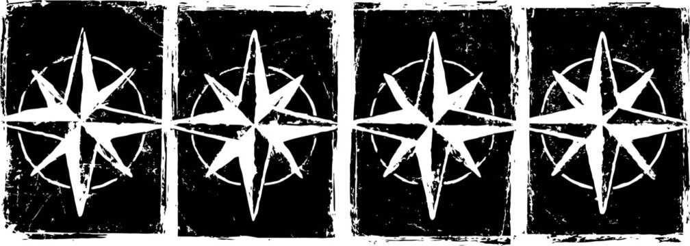 Grunge compass rose set nautical star symbols with distressed texture four directions icons