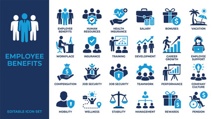 Fototapeta premium Employee Benefits Icon Set. featuring human Resources, Health Insurance, Career Growth, Teamwork, Workplace Wellness, and Corporate Management Concepts.