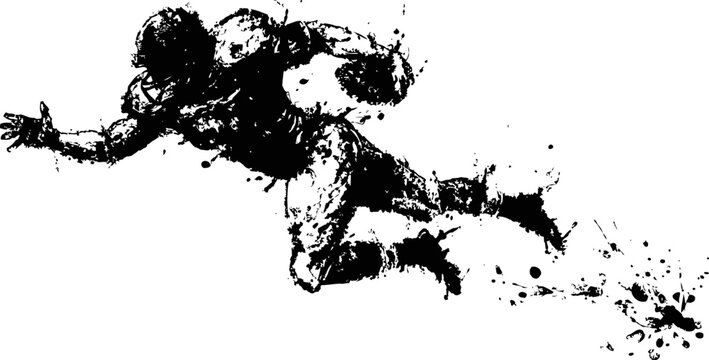 Dynamic rugby player diving to catch ball in action silhouette with splatter effect