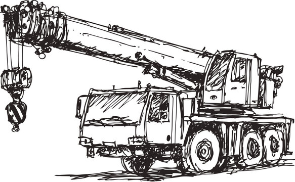 Mobile crane truck with extendable boom and hook lifting mechanism, heavy construction equipment sketch