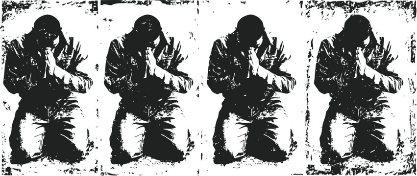 Monochrome grayscale artistic repetition of a kneeling figure in contemplative pose with textured overlay
