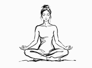 Obraz premium Female lotus meditation pose yoga silhouette, minimalist expressive brush line art, serene wellness illustration, isolated sketch