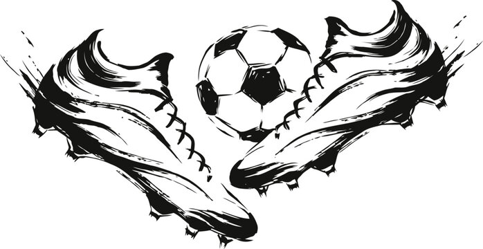 Dynamic black and white soccer cleats kicking ball with motion splash effect