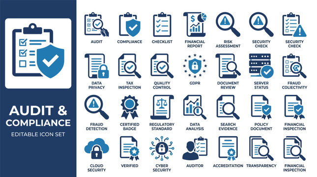 Audit and compliance icon set. featuring data privacy, GDPR, cyber security, and regulatory standards icons for business and corporate use.