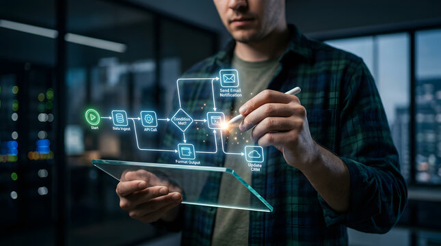 Digital Workflow Architect: A tech-savvy individual meticulously designs and refines an intricate digital workflow, orchestrating various stages of a modern business process.