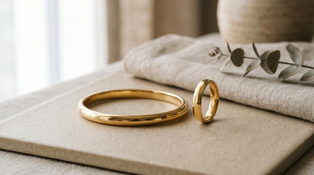 Gold jewelry pieces including a classic bangle bracelet and a wedding ring placed on a minimalist stone display surface
