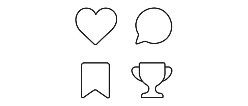 Content engagement analytics vector icon set with editable stroke featuring a heart shape, speech bubble, bookmark ribbon, and winner trophy for social media marketing and data tracking metrics.