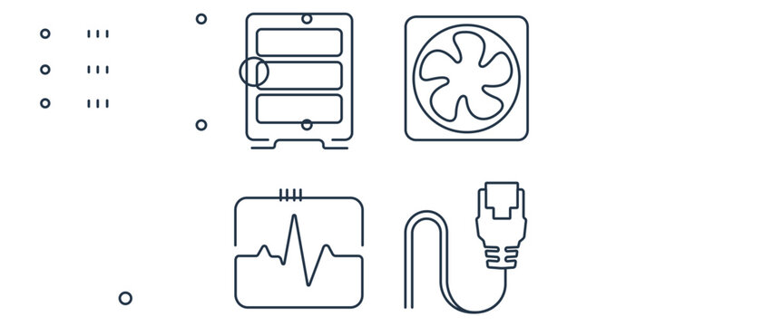 Server performance monitoring vector icon set with editable stroke featuring a server rack, cooling fan, pulse monitor, and ethernet cable for professional network infrastructure design.
